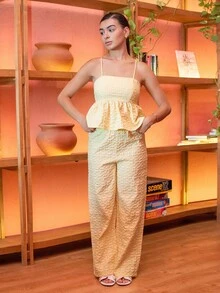 Andrea Bello Bộ 2 chiếc áo yếm và quần vải jacquard thanh lịch dành cho nữ, mùa hè - Màu vàng - Xem 1