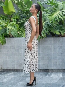 Andrea Bello Nuevo vestido elegante de mujer con cuello cuadrado, estampado floral, malla transparente, cintura en V, línea A, drapeado, ideal para citas, viajes, cintura ceñida, favorecedora figura