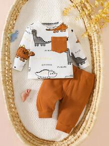 SHEIN 新生男宝宝白坑图案卡通恐龙图案印花拼接绿口袋长袖上衣配绿裤两件套可爱休闲运动时尚新款 - 棕色 - 查看 2