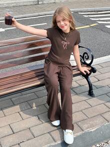 SHEIN Tween Girl 纯咖啡色纹理针织侧褶小高领贴身短袖上衣和阔腿裤 2 件套 - 咖啡棕 - 查看 4