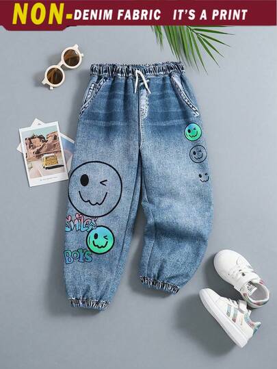 SHEIN 1 条装小男孩牛仔风格卡通印花抽绳休闲裤，百搭舒适，适合春夏季