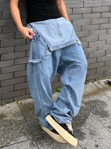 Manfinity Roghcode 男士休闲时尚街头学院风斜口袋宽松牛仔阔腿背带裤