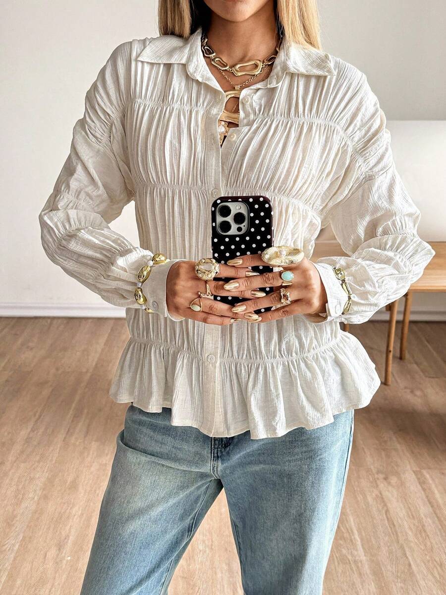 Siren Gaze 1 pieza Camisa de mujer de unicolor con pliegues y manga larga, apta para todas las estaciones, otoño/invierno