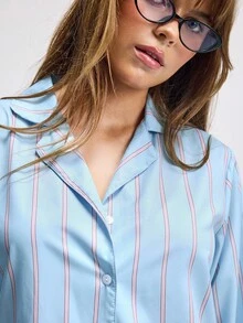 LOUNGEISTA 女士宽松舒适透气条纹长袖睡衣套装（含长裤），家居服，两件套，浅蓝色睡衣，秋季服装 - 藍色 - 查看 7