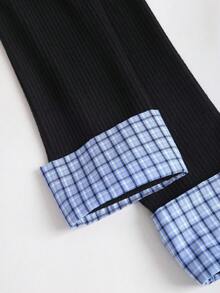 Sweetra 秋季学院风格子衬衫领拼接女式短款连衣裙 - 黑色 - 查看 6