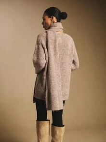 Poéselle Women's Taupe Elegant Chunky Knit Sweater With Removable Scarf,Autumn Cozy 2-In-1 Oversized Turtleneck Pullover,Old Money Style Brunch Soft Jumper - Brown - View 7