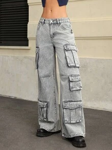 Jeanoix Women's Loose Fit Cargo Pocket Wide Leg Casual Jeans - Blue - View 5