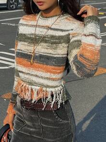 DAZY Suéter corto de cuello redondo con estampado floral y flecos para mujer, otoño - Caqui - Ver 1