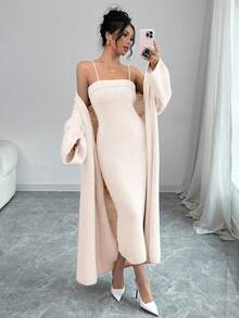 Rafferiza 2件組女款腮紅粉細肩帶極簡風長洋裝附長袖外套套裝，秋季優雅茶會休閒長版毛衣洋裝睡袍 - 淺粉色 - 查看 5
