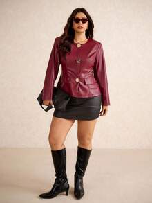 Elaquor 秋冬加大码纯色PU皮革前扣优雅长袖夹克 - 酒紅色 - 查看 4