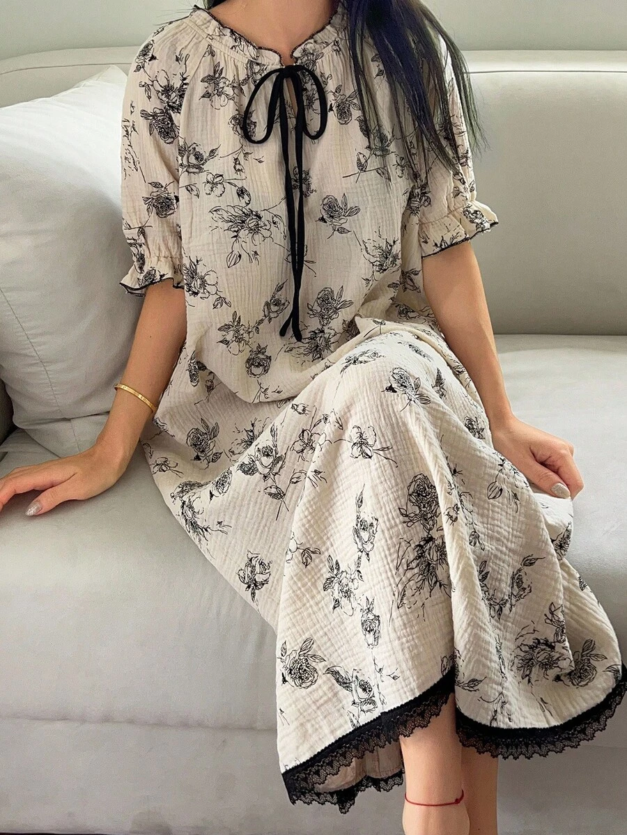 DAZY 印花撞色系带荷叶边长款女士睡袍睡衣,宽松睡裙 - 米色 - 查看 1