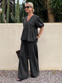 Livesso 女士夏季条纹泡泡袖V领宽松休闲裤两件套 - 黑色 - 查看 6