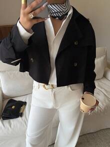 Dripcurv Plus Size Vintage Style Black Cropped Trench Coat With Collar - Black - View 5