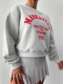 EURMUSE 100%Cotton Women's Round Neck Casual Long Sleeve Sweatshirt With Letter Embroidery - Grey - View 5