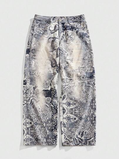 Street Life Men's Loose Fit Casual Cashew Print Wide Leg Jeans