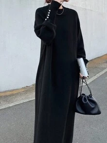 FRIFUL 女式黑色纯色宽松中长连衣裙，高领，落肩，长袖，仿珍珠装饰袖口，休闲百搭，秋季毛衣裙 - 黑色 - 查看 7