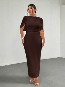 Firerie Plus Size Elegant Romantic Ruffle Asymmetric Waist Fitted Dress, Comfortable Casual New Style For Spring/Summer - Brown - View 3