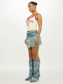 SUMWON WOMEN Distressed Denim Micro Mini Skirt With Extreme Frayed Hem Detail For Festival Summer Street Style - Blue - View 7