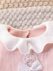 SHEIN Body de punto con ribete de encaje para bebé niña, body de manga larga, decoración de lazo adorable, versátil para uso diario, adecuado para otoño/invierno - Rosa - Ver 8