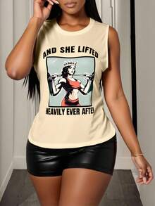 Chiquease 女式夏季自由女神像卡通字母印花背心图案T恤女式上衣 - 杏色 - 查看 1