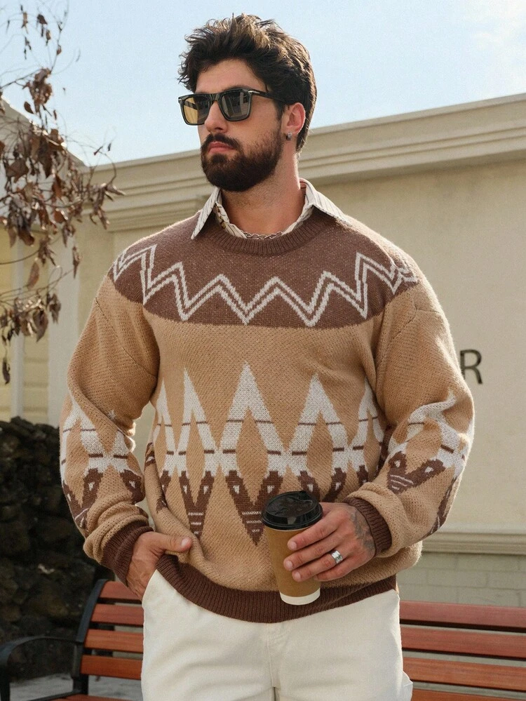 Vintage Floral Jacquard Brown Crew Neck Pullover Sweater For Men, Autumn Christmas,New Year