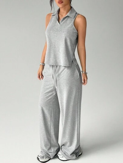 Dewbera 女士休闲宽松 Polo 衫背心和运动裤，带手机口袋，瑜伽健身运动服套装