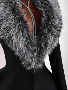 Amplova Bộ đồ liền thân tay dài cổ chữ V sâu phối cổ lông - màu đen - Xem 5