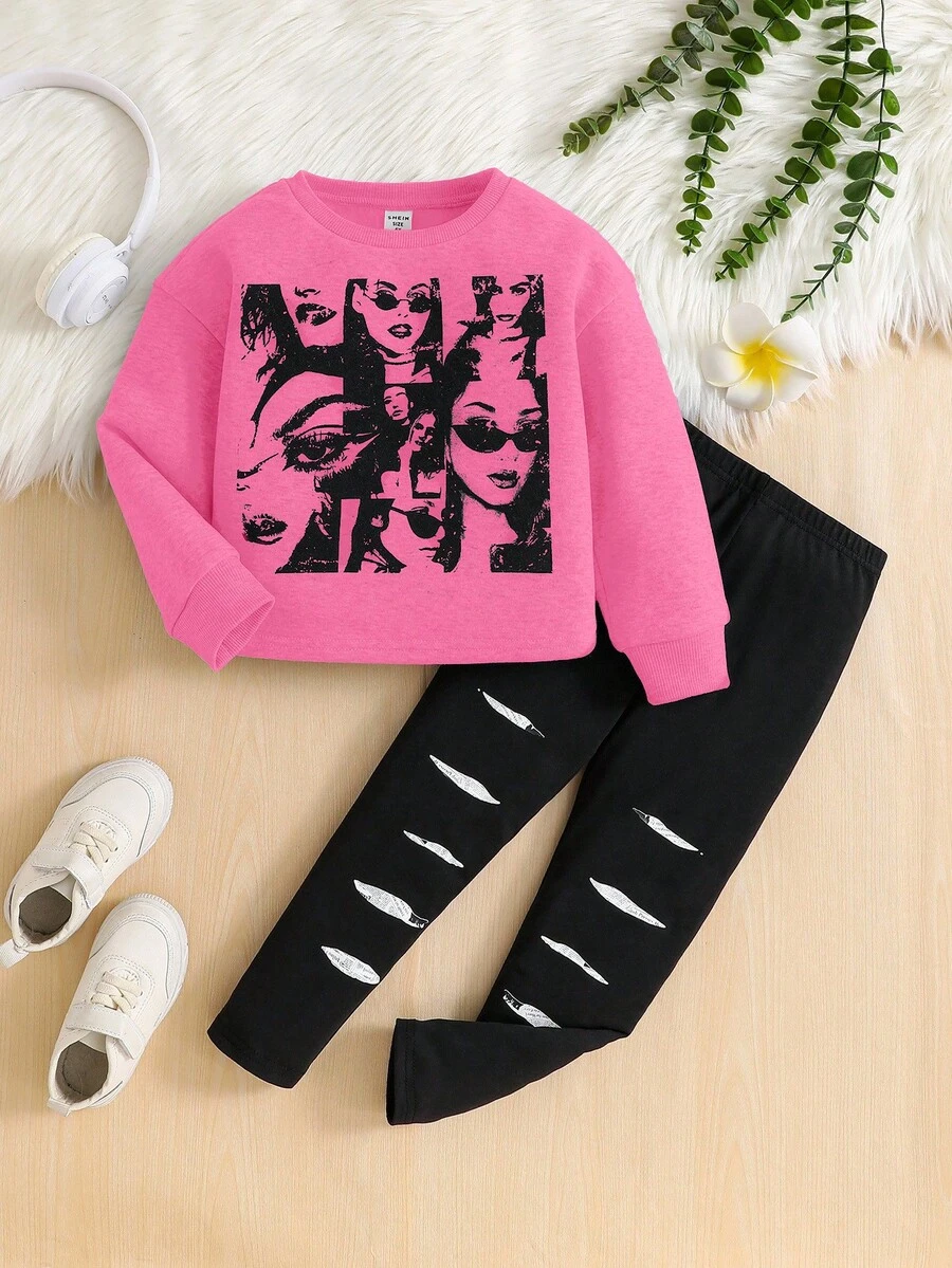 SHEIN Young Girl 2pcs/Set Knitted Character Print Loose Crop Sweatshirt And Leggings Outfits,Light Pink,Autumn,School,Back-To-School,Sport Style,Fleece - Pink - View 1