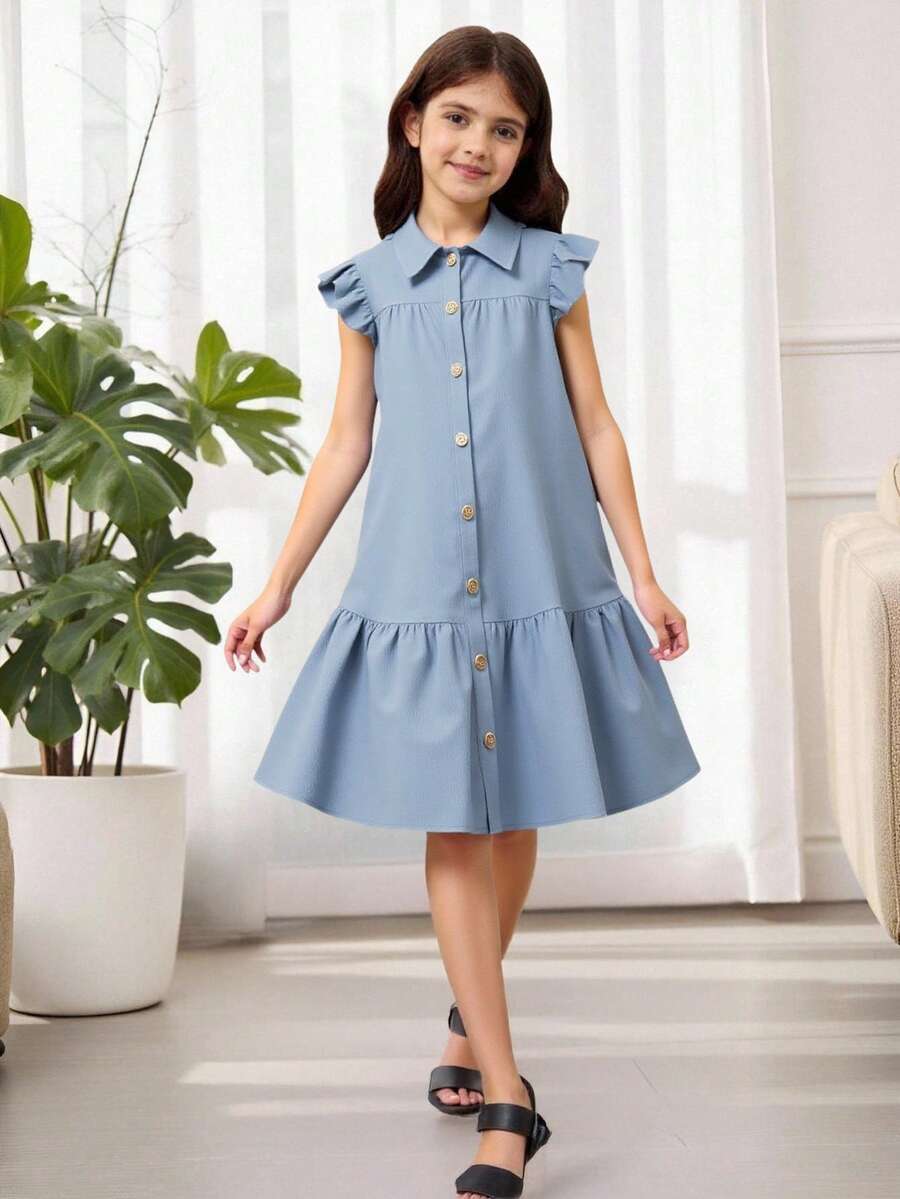 Tween Girls' Simple Solid Color Sleeveless Dress, Fashionable For Summer - Blue - View 1
