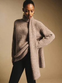 Poéselle Women's Taupe Elegant Chunky Knit Sweater With Removable Scarf,Autumn Cozy 2-In-1 Oversized Turtleneck Pullover,Old Money Style Brunch Soft Jumper - Brown - View 3