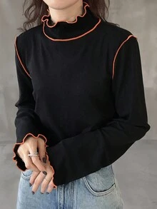 FRIFUL 女式黑色纯色高领长袖撞色滚边后颈抽绳镂空设计修身休闲百搭 T 恤，秋冬 - 黑色 - 查看 2