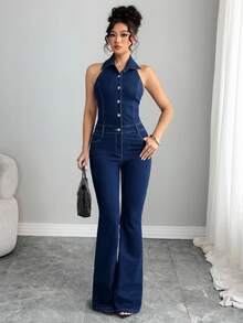 Selianne 女式性感时尚露背挂脖单排扣修身牛仔喇叭连体裤，夏季