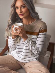 Louniche Women's Round Neck Striped Long Sleeve T-Shirt, Casual And Fashionable For Daily Wear - Khaki - View 6