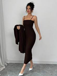 Rafferiza 2 chiếc váy liền thân màu trơn dây mảnh tối giản cho nam kèm áo khoác dài tay Bộ đồ thường ngày Áo choàng lớn Áo len dài Áo choàng kéo Áo choàng dài Áo len maxi - Rỉ Nâu - Xem 4