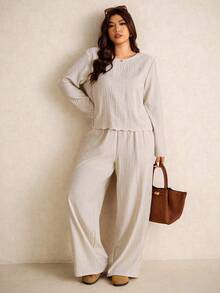 Elaquor Plus Size Solid Color Drawstring Shirt And Pants Set, Casual For Spring And Autumn - Apricot - View 6
