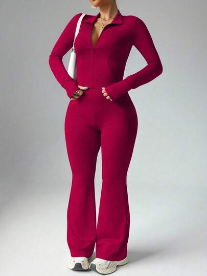 Slayform Women's Plus Size Casual Zip-Up Jacket With Thumb Hole & High Waist Flare Pants 2 Pieces Set Long Sleeve Jumpsuit Women Two Pieces Set Women Jumpsuit Workout Jumpsuit Women Two Pieces Set Woman 2 Pieces Set 2 Piece Set For Women Long Sleeve 2 Piece Set Workout 2 Piece Set Sport 2 Piece Set Red 2 Piece Set Sport Jumpsuit For Women Woman 2 Piece Set Jumpsuits For Woman Workout Bell Bottom Pants Set