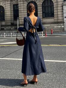 DAZY New Autumn/Winter Waist Cinching Backless Bowknot Strap Women Denim Dress - Blue - View 6