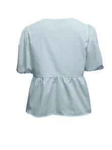 Rafferiza Women's Solid Color Puff Sleeve Bowknot Blouse - Baby Blue - View 2