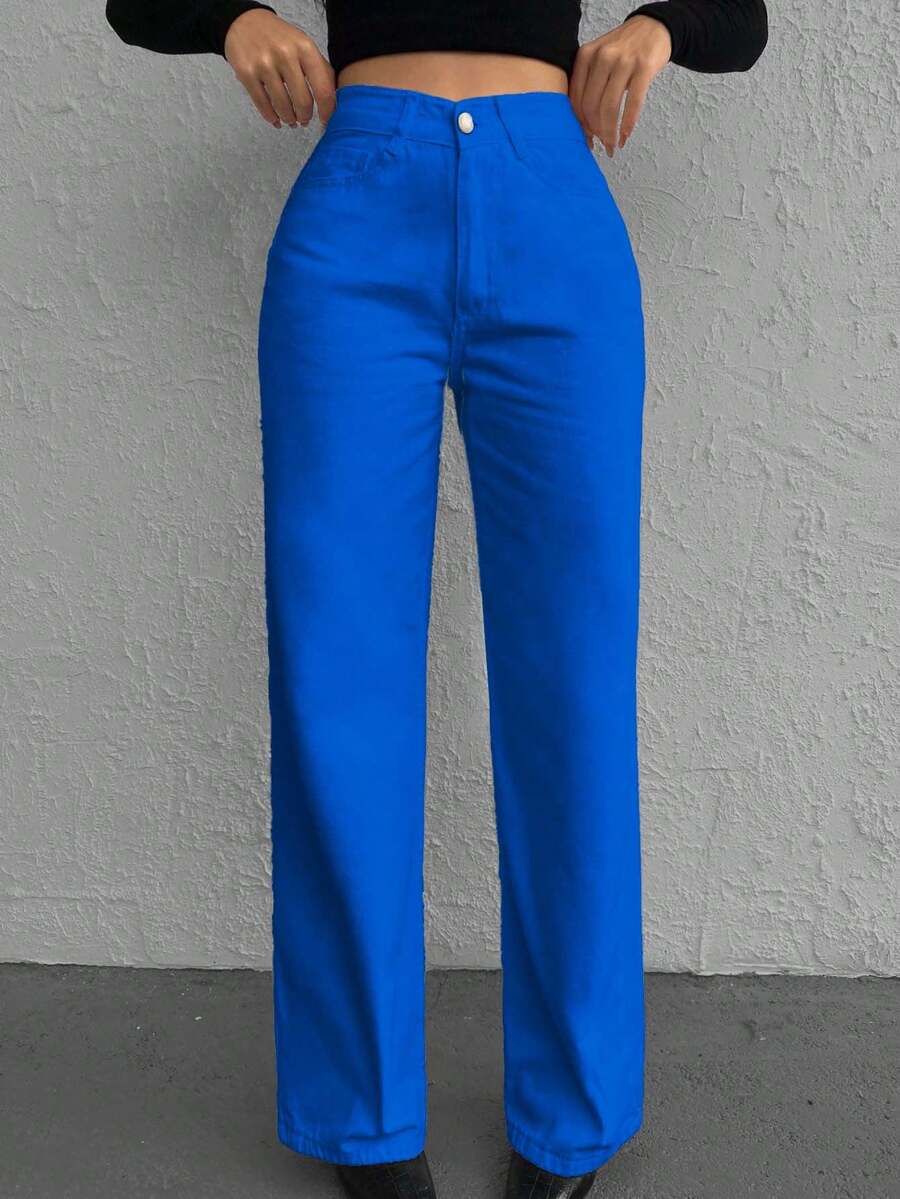 EURMUSE 女士时尚休闲纯棉直筒牛仔裤 - 寶藍色 - 查看 1