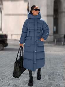 EURMUSE Long Padded Coat Keeping Warm With Big Two Pockets - Dusty Blue - View 4