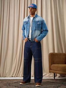 Manfinity Homme Men's Street Style Solid Color Casual Loose Wide-Leg Washed Denim Jeans Washed For Loose Wide Leg - Blue - View 3