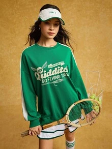 HARRY POTTER X SHEIN 字母图案拼色圆领长袖卫衣 - 綠色 - 查看 6