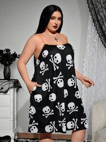 SHEIN CURVE+ Váy ngủ in hình bộ xương Halloween cỡ lớn cho nữ cỡ lớn/Mùa thu/Đông - Nhiều màu - Xem 5