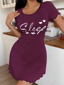 SweetSlumber Women's Casual Short Sleeve Love Letter Print Ins Style Nightgown, Summer - Purple - View 3