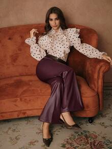 SHEIN Unity Plum Red Micro Flare PU Leather Pants, Spring/Autumn - Red Violet - View 1