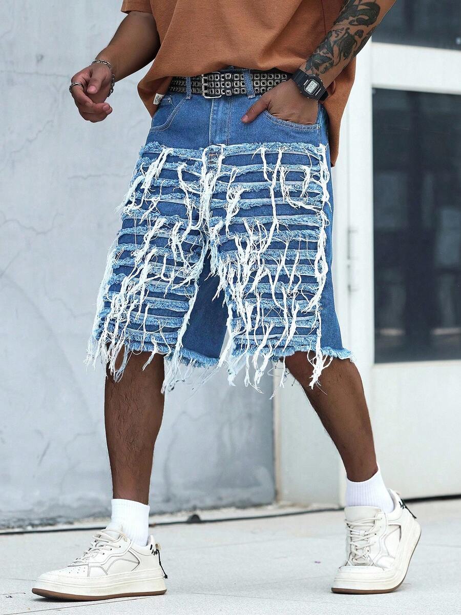 Manfinity LEGND Herren Sommer Mode Straßen Lässig Denim Shorts mit roher Kante, weites Bein, Gürtel nicht enthalten