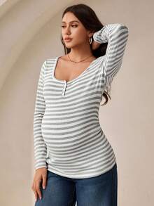 MaterniWear Áo thun bà bầu kẻ sọc đơn giản, phù hợp để mặc hàng ngày - Xám - Xem 4