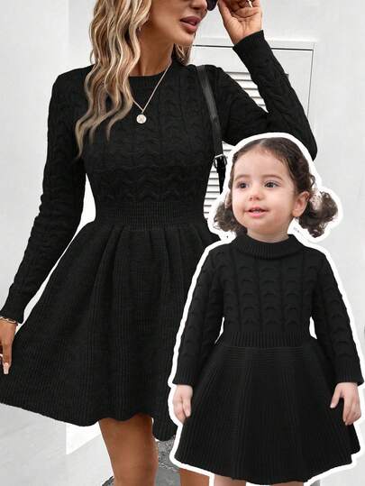 SHEIN Vestido de manga larga de punto de unicolor a juego entre madre e hija, adecuado para salidas y compras, otoño/invierno