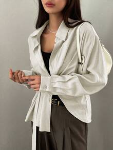 DAZY Women's Solid Color Waist Cinched Business Casual Shirt Long Sleeve Top - Beige - View 3