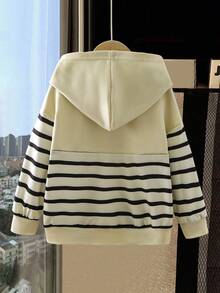 Genkimix Kids 1pc Young Girl Striped Pattern Heart Emboidery Sweatshirt Chic Autumn Sweatshirt Fall Winter - Apricot - View 2